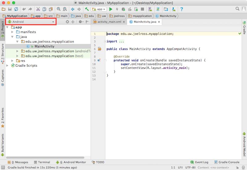 Android Studio. The view chooser is marked in red.